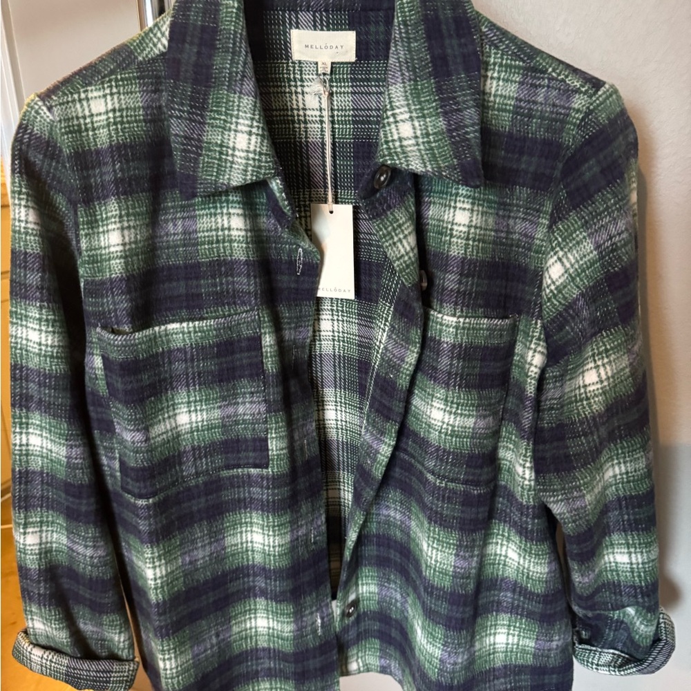 MELLODAY Green and Navy Plaid Shirt Jacket
